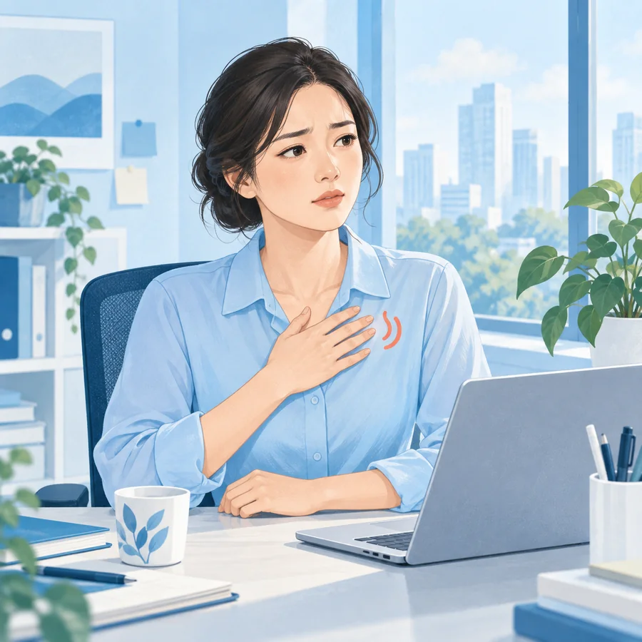 办公时暂停工作、手扶胸口的人物场景插画