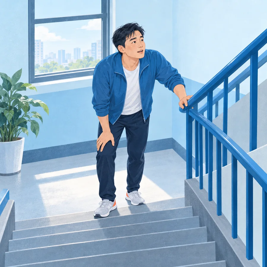 爬楼后扶着栏杆休息的人物场景插画